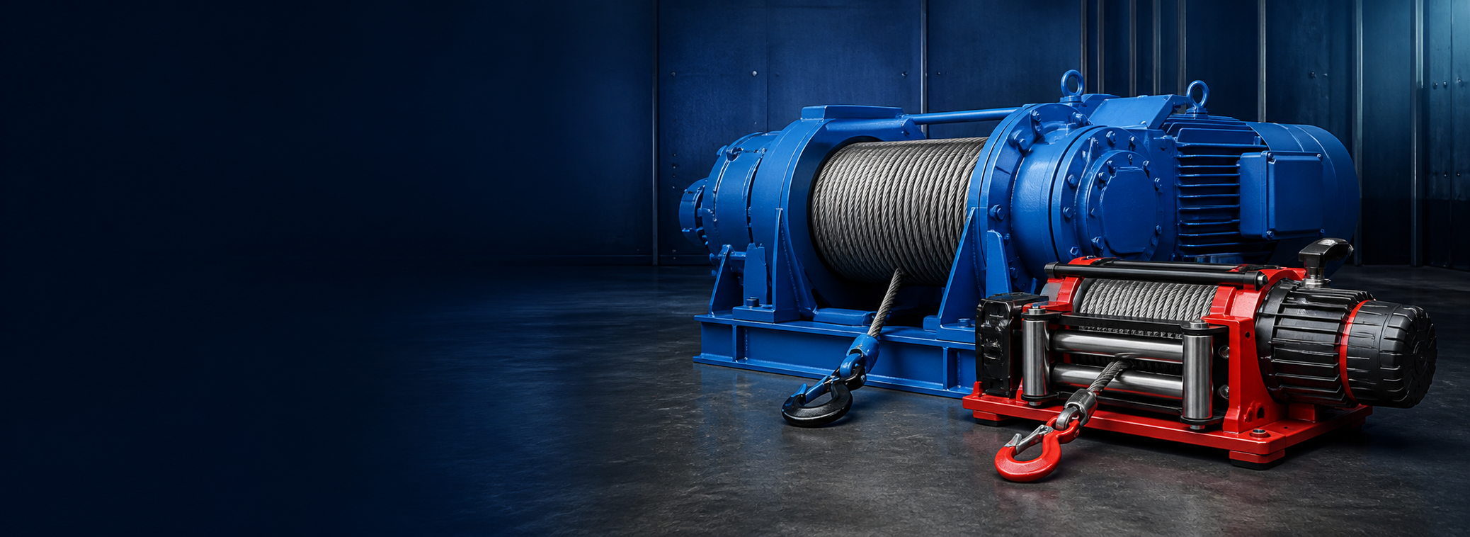 Industrial winches in a blue workshop with space for headline text