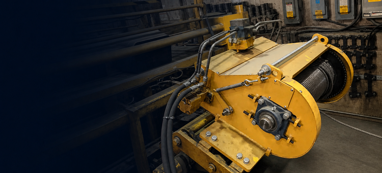 Capital Winch – treuil industriel jaune installé en usine